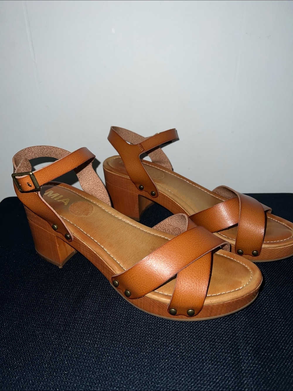 MIA Cognac Brown Cross-Strap Block Heel Sandals